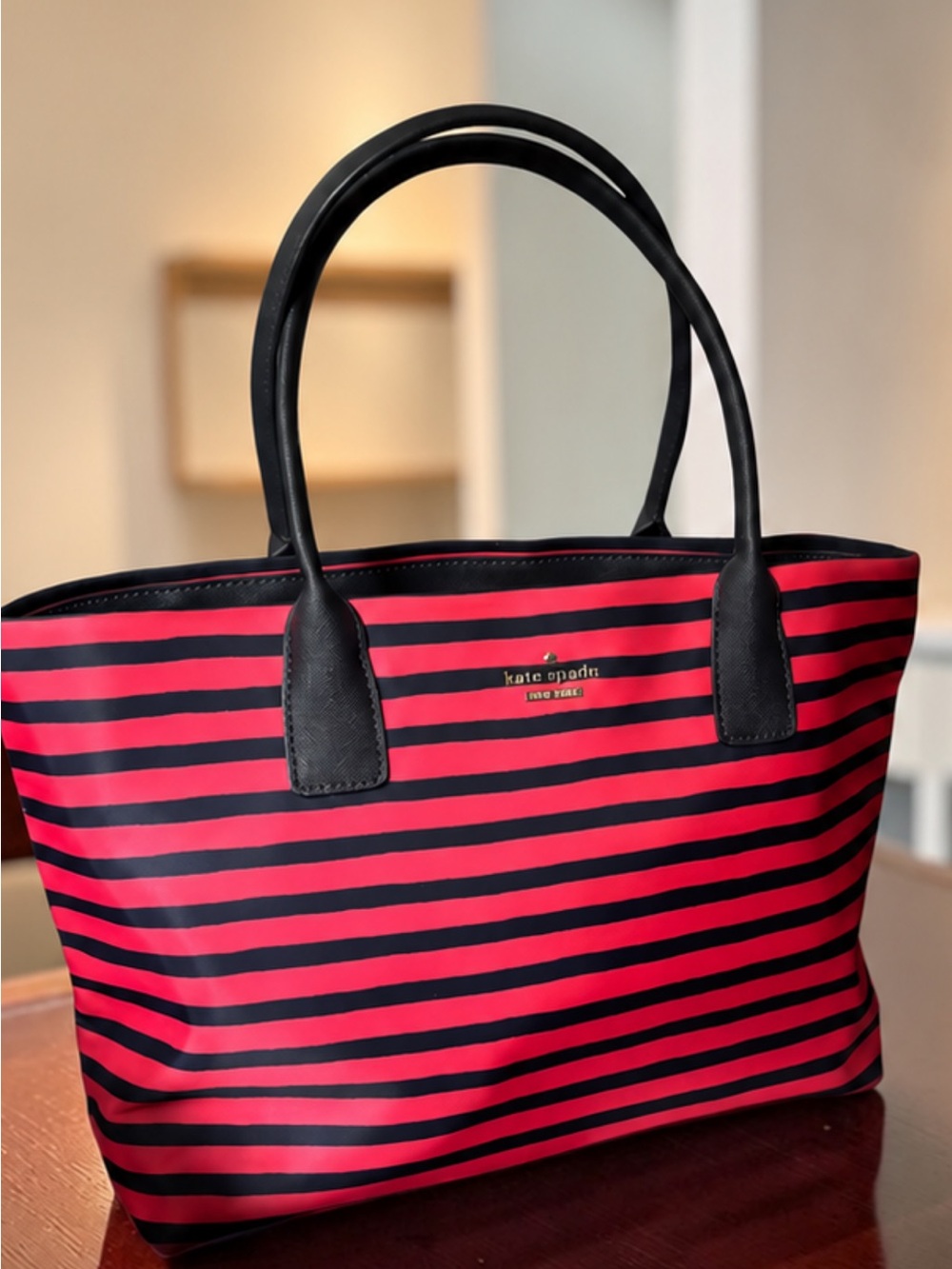 Kate Spade New York Red Navy Stripe Large Tote Shoulder Bag Carryall
